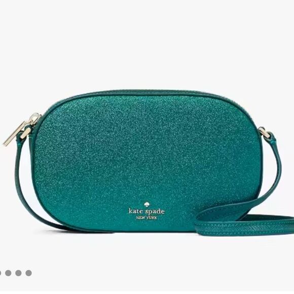 Kate Spade NWT Glimmer Oval Camera Bag Crossbody Teal‎ Glitter Shimmer - Picture 6 of 8